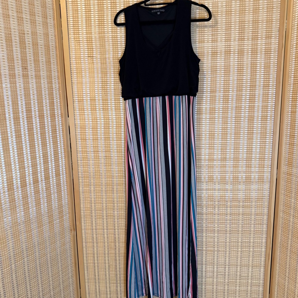 Three Pink Hearts Black Striped Sleeveless Maxi Dress Large Y2K Bohemian Artsy